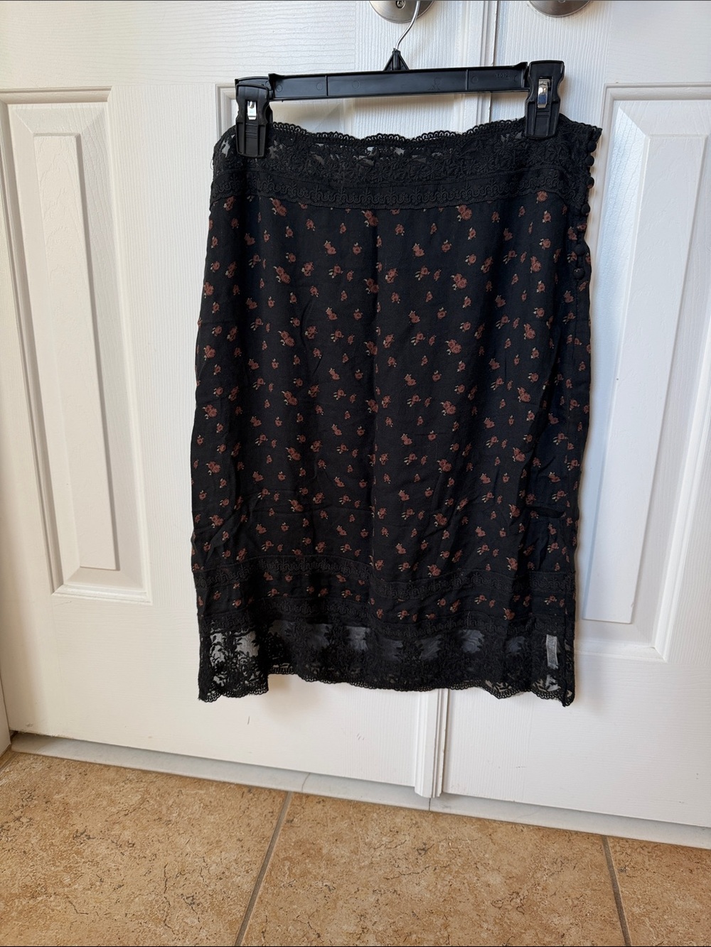 Black Midi Skirt with Pink Floral Print and Lace Trim
